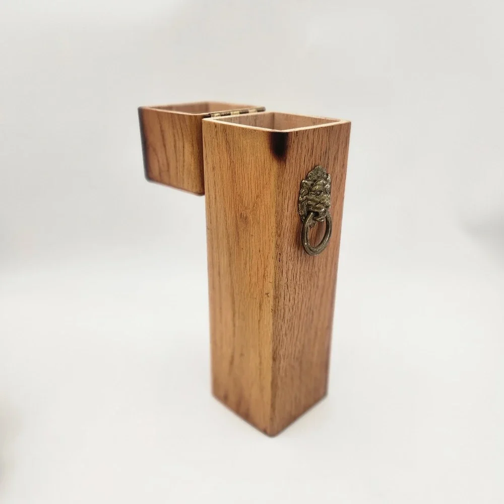 Vintage‎ Oak Wood Match Box Tall Lion Head Knocker Singed Detail Rustic Gothic